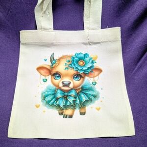 Cute Calf Print Canvas Tote in Teal and Gold